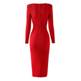 Vestido de noche largo ajustado de punto acanalado con mangas largas y escote en V profundo